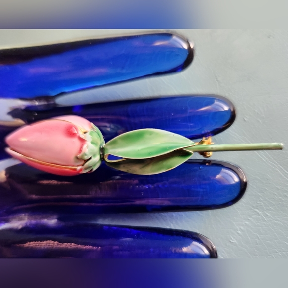 40s SANDOR CO Rose Pink Tulip Bud Olive Green Leaves Enamel Gold RARE Pin Brooch - Picture 16 of 16
